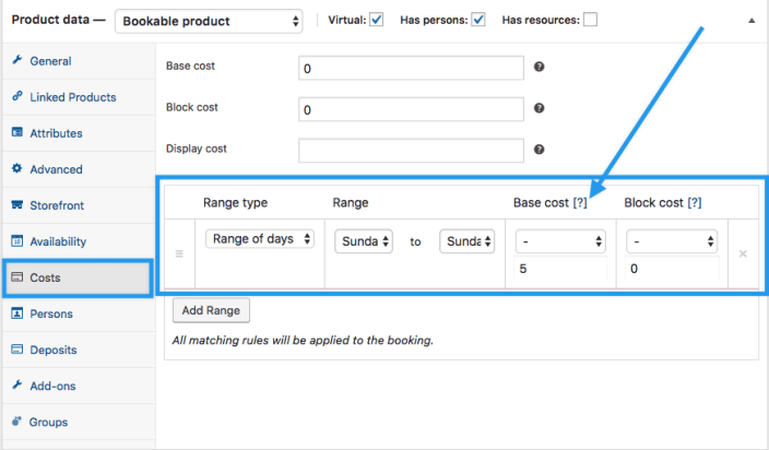 Bookings Use Case - Museum Tickets with Barcodes - Costs Tab