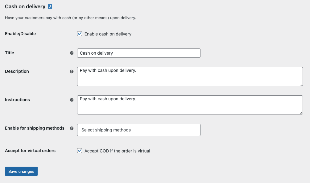 Image showing the settings page for Cash on Delivery (COD). It includes fields to add: Title (Name of payment option), Description, Instructions, and Enable for Shipping Methods. At the bottom it shows a checkbox to allow COD on virtual orders. 