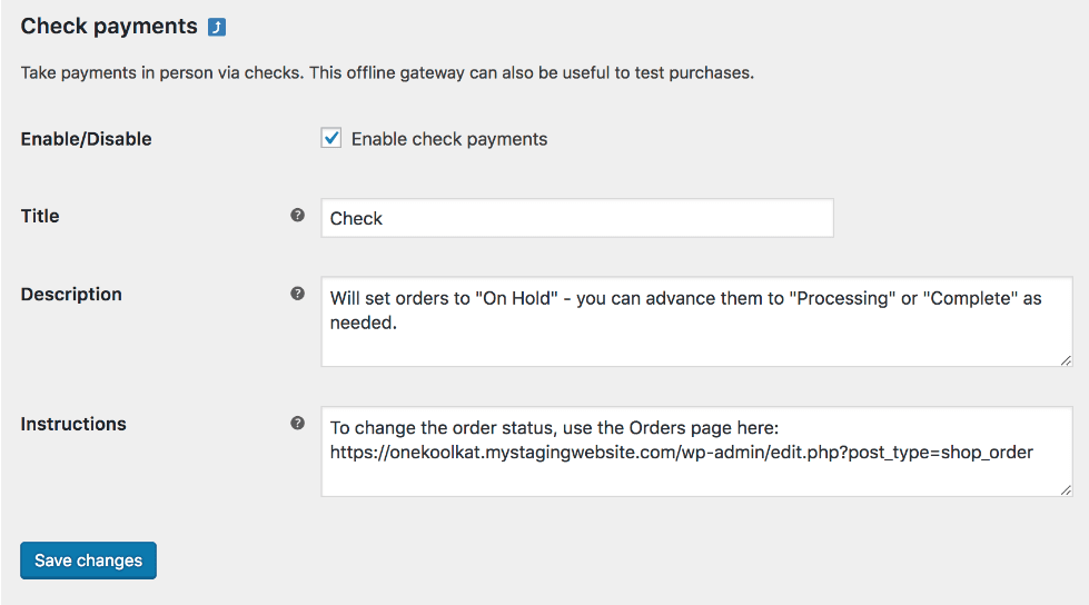 Image showing the settings page for check payments. It includes fields to add: Title (Name of payment option), Description, and instructions. 