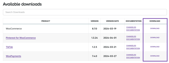 The 'Available Downloads' page. The 'Download' column is highlighted.