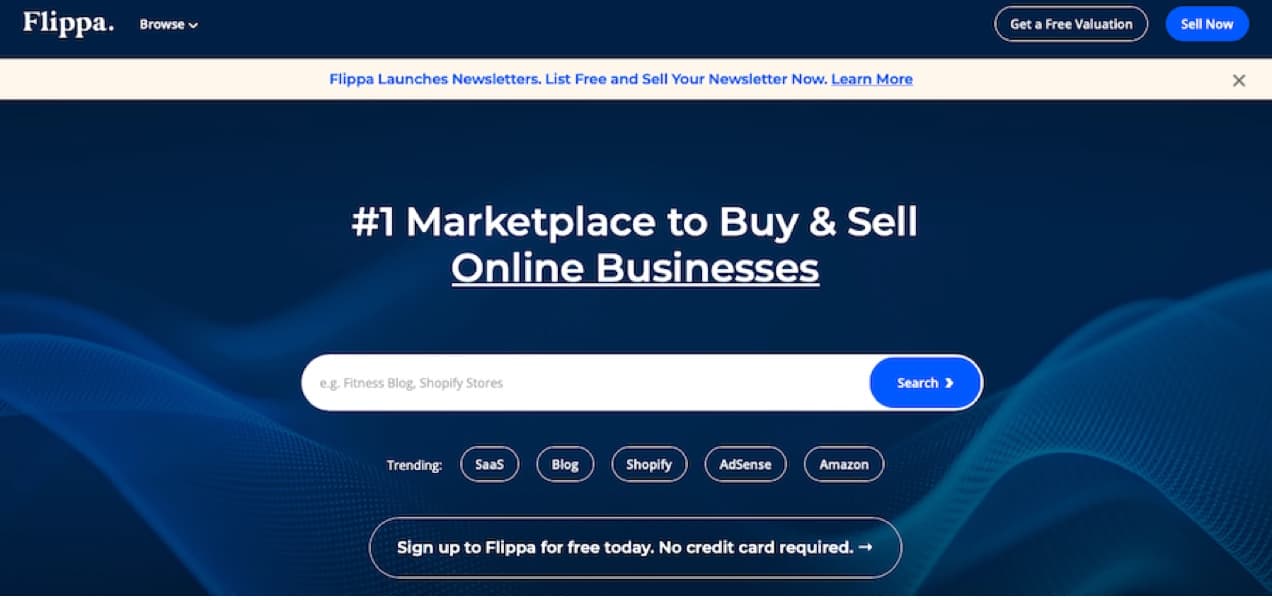 Flippa marketplace with a large search bar