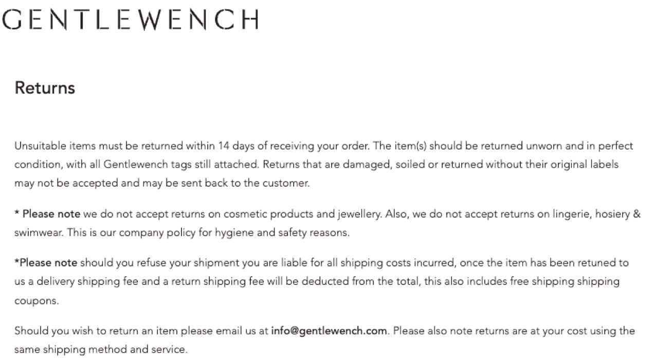 Gentlewench return policy