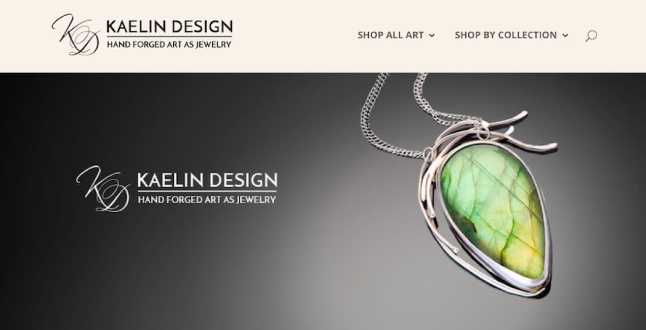 Kaelin Design homepage with a green pendant