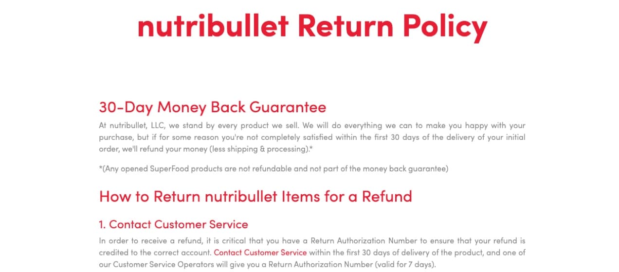 Nutribullet return policy, highlighting a 30-day money back guarantee