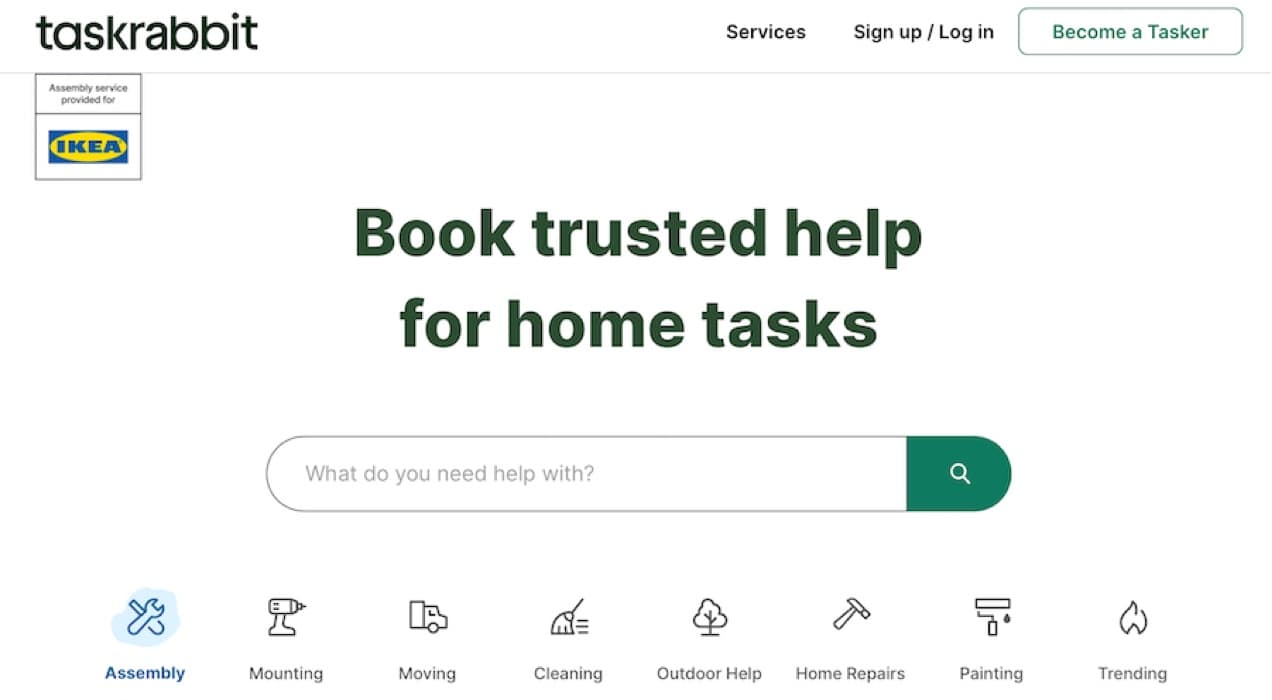 TaskRabbit homepage with a search bar