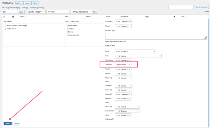 The bulk edit view where the Tax class is highlighted with the Digital Goods tax class assigned. An arrow highlights the Update button that appears to the bottom left of the view. 