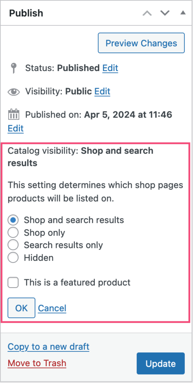 The publish panel with the Catalog Visibility section expanded to show the available options. 