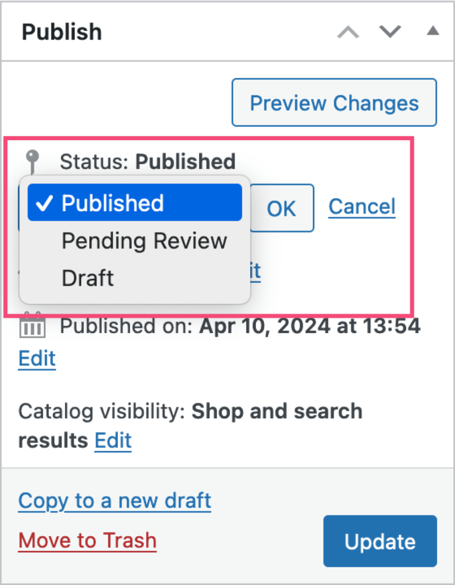 The publish panel with the Status section expanded to show the available options. 