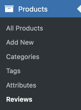 The Products menu item added to the WordPress admin. 