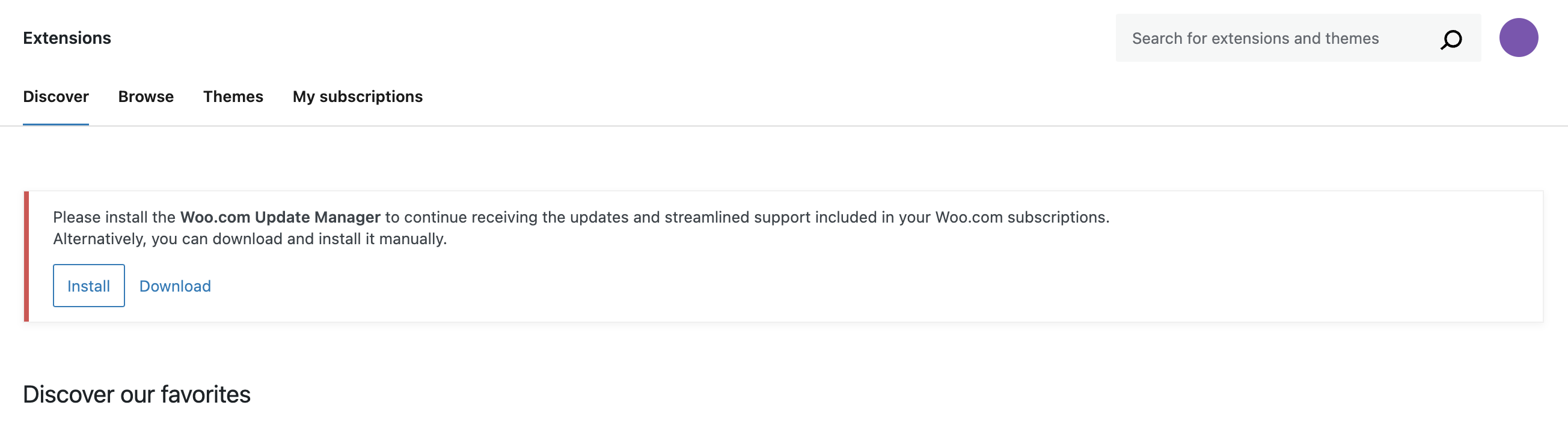 Screenshot of prompt to install the WooCommerce.com Update Manager.