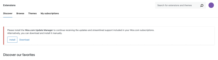 The prompt to install the WooCommerce.com Update Manager.