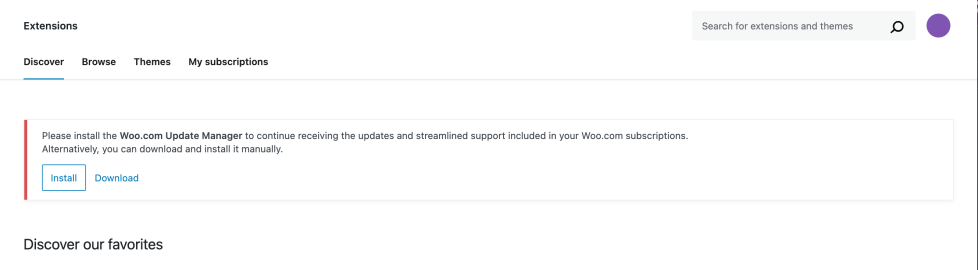 Screenshot of prompt to install the Woo.com Update Manager