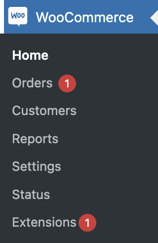 The menu items added to the WordPress admin dashboard under the WooCommerce heading as of WooCommerce 8.8.0. It includes Home, Orders, Customers, Reports, Settings, Status, and Extensions.