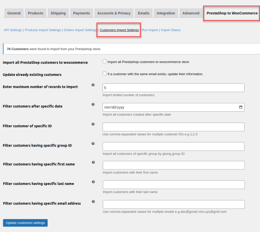 Import All or Specific Customers using Filters 