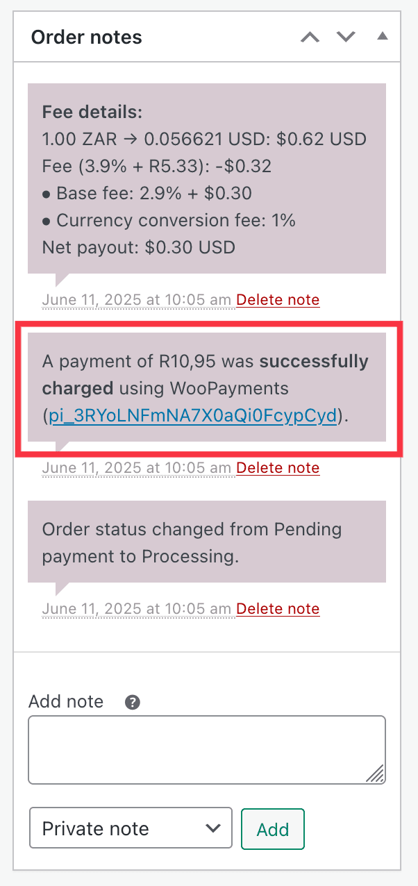 Payment Information in the Order Notes