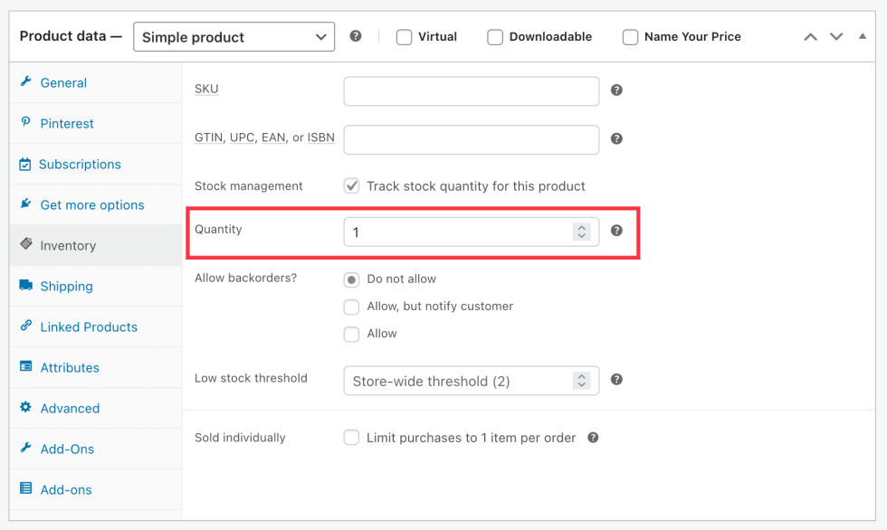 Inventory Settings in the Product Configuration