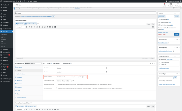 "General" settings tab that highlights the Booking duration setting.