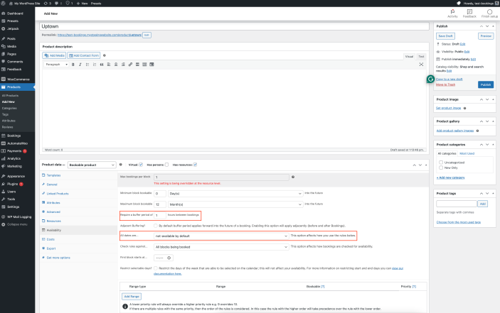 Availability tab settings for Bookable Product that highlights the "Require a buffer period of" and "All dates are..." fields.