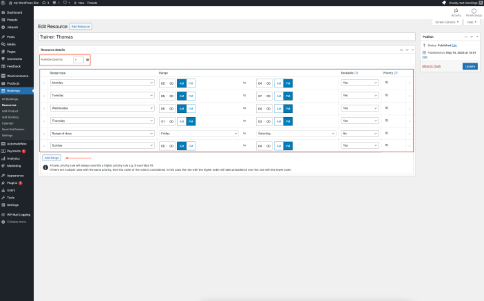 Edit Resource page that shows an example trainer resource configuration