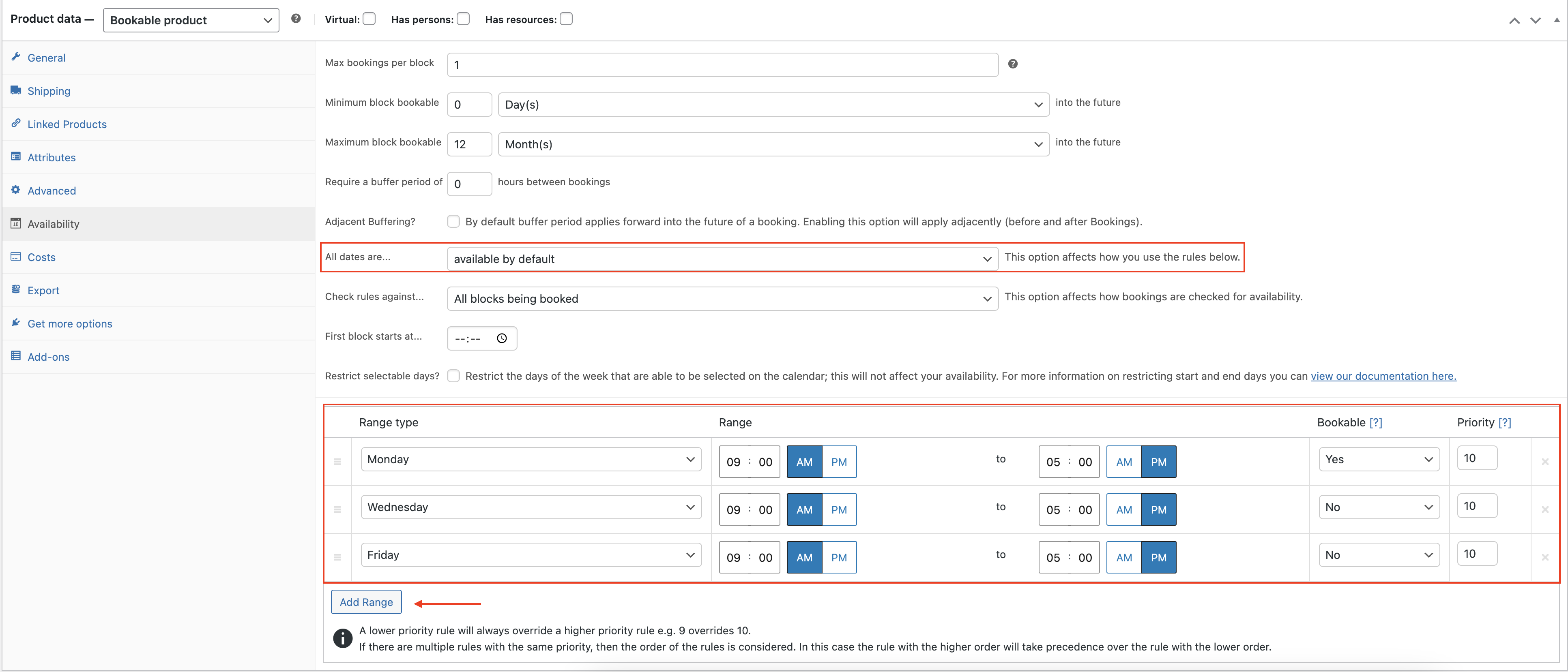 Screenshot of Bookable product data "Availability" settings.
