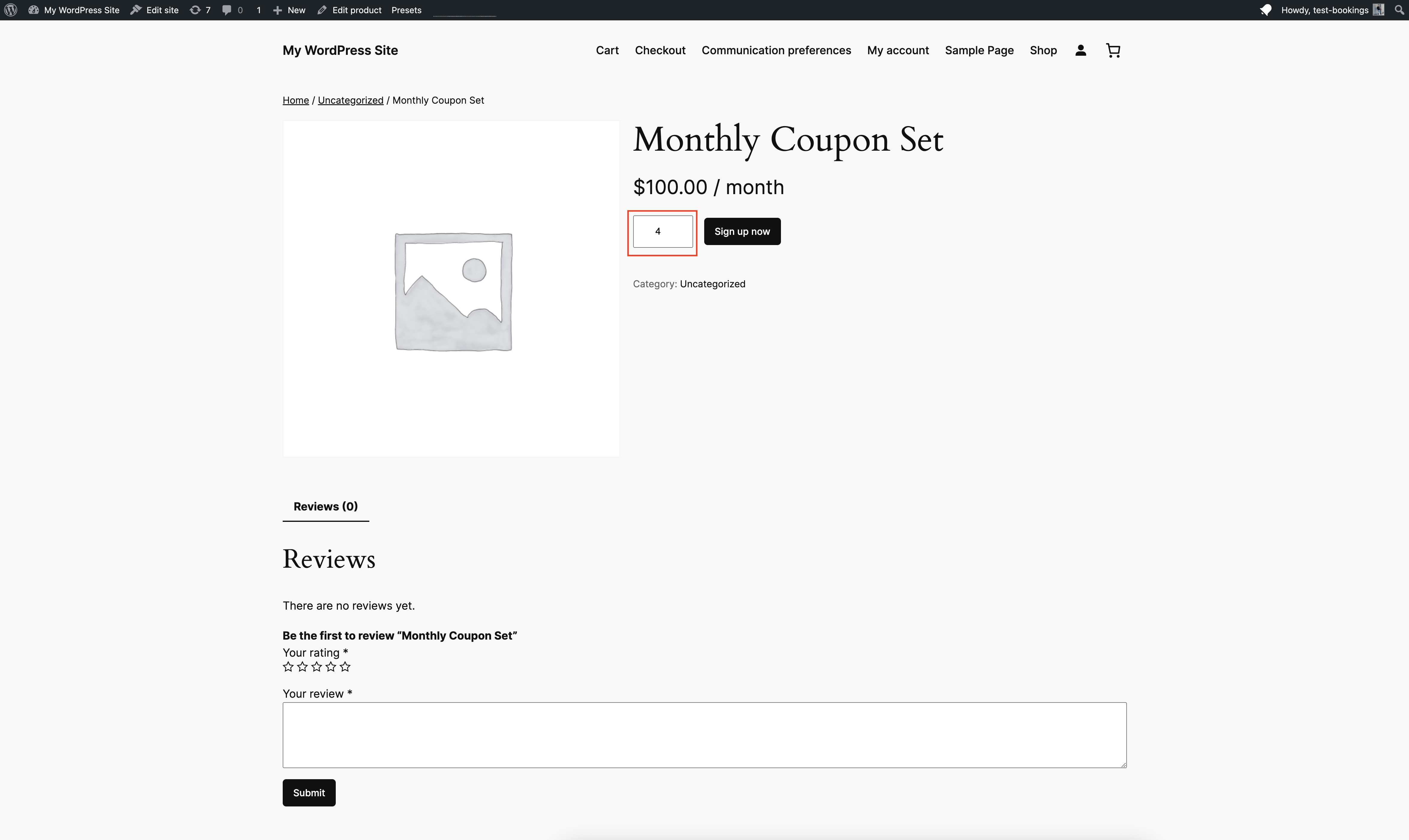 Screenshot of Monthly Coupon Set product that auto-populates with a starting quantity of 4.