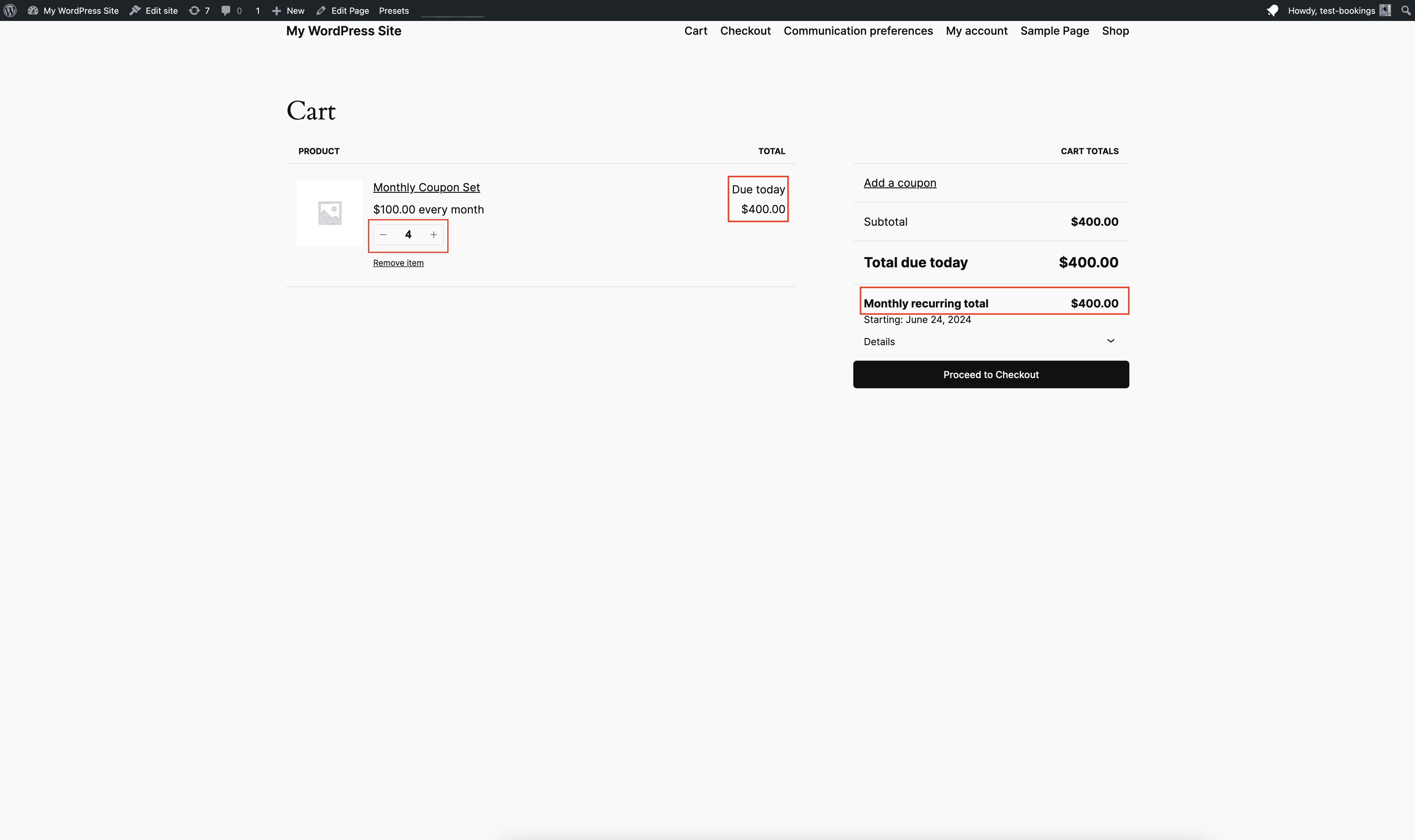 Screenshot of Monthly Coupon Set product in cart highlighting the "Due today", "Monthly recurring total", and item quantity fields.