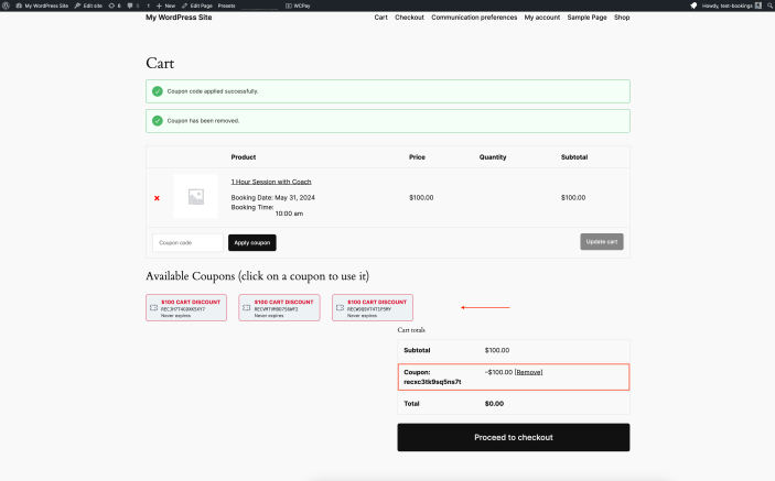 Screenshot of Cart page with bookable product in cart and a $100 coupon discount applied.