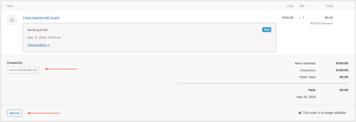 Screenshot of the order screen highlighting the refund button and applied coupon.