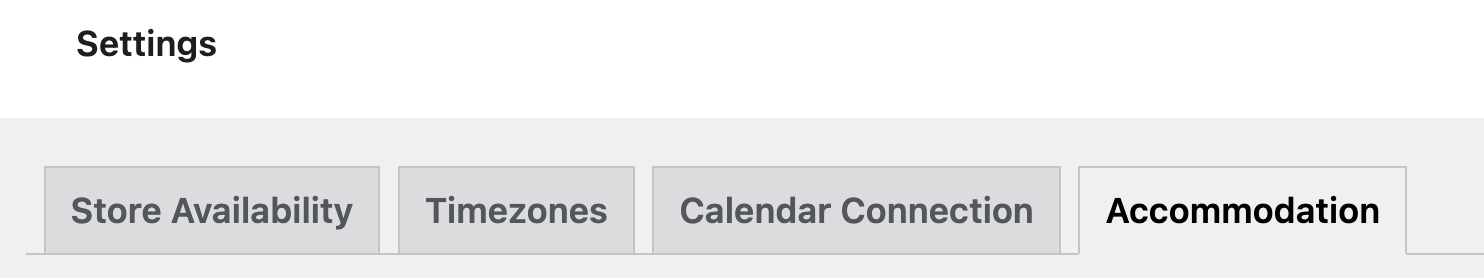 Screenshot of available tabs on the WooCommerce Bookings > Settings menu.