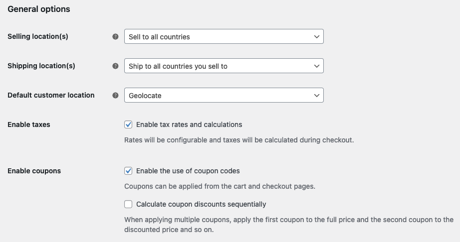 The general options in WooCommerce settings.