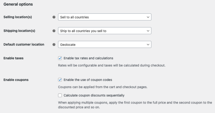 The general options in WooCommerce settings.