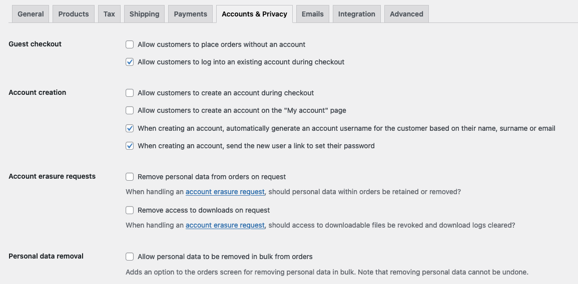 WooCommerce's Accounts and privacy settings in the admin area.