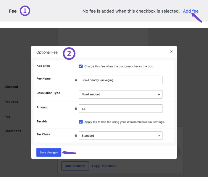 Additional Terms Pro Fee row with the Add fee link and fee settings for a taxable .50 Eco-Friendly Packaging charge
