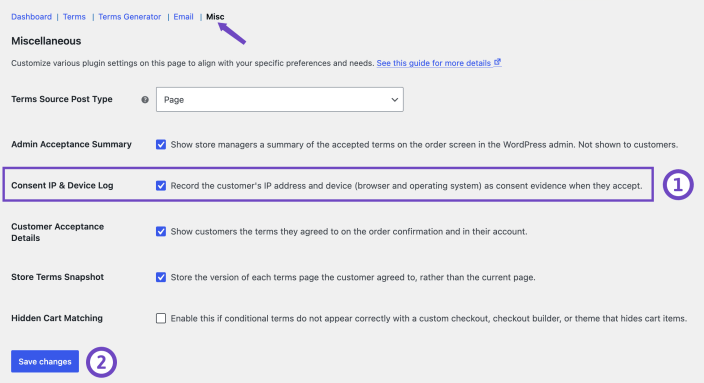 Additional Terms Pro Misc settings showing Admin Acceptance Summary and Consent IP & Device Log enabled.