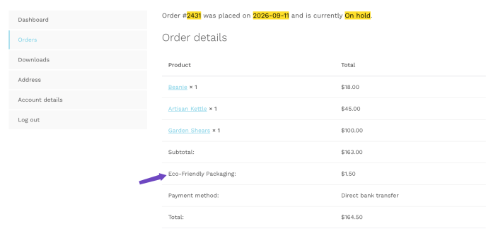 Customer order details showing a .50 Eco-Friendly Packaging fee in the order totals