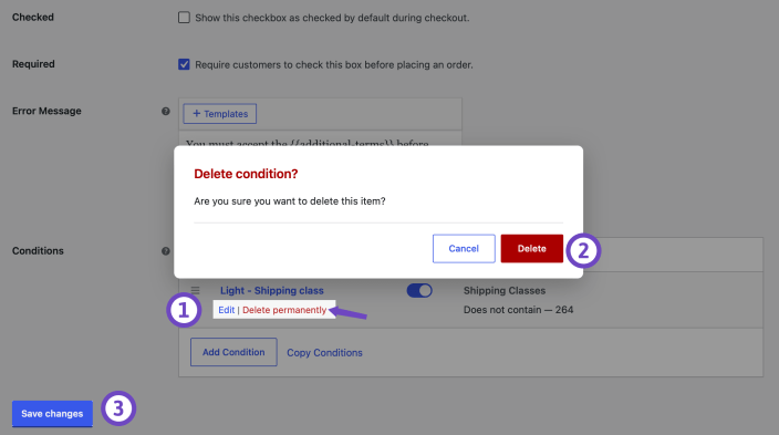 Additional Terms Pro condition editor showing the permanent delete action, confirmation dialog, and Save changes button.