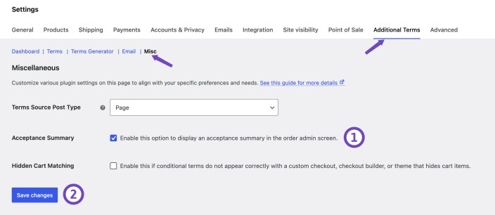 WooCommerce Additional Terms miscellaneous settings screen showing the Acceptance Summary option enabled and the Save changes button.