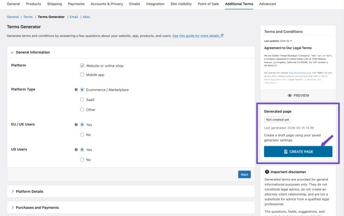 WooCommerce Additional Terms settings screen with the Generated Page panel highlighted, showing a Create Page button for generating a draft Terms and Conditions page.