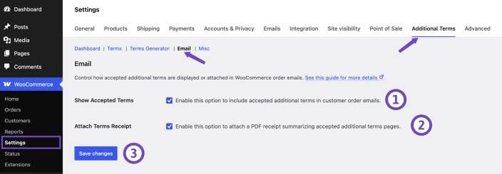WooCommerce settings screen showing the Additional Terms Email tab with options to show accepted terms, attach a terms receipt PDF, and save changes.