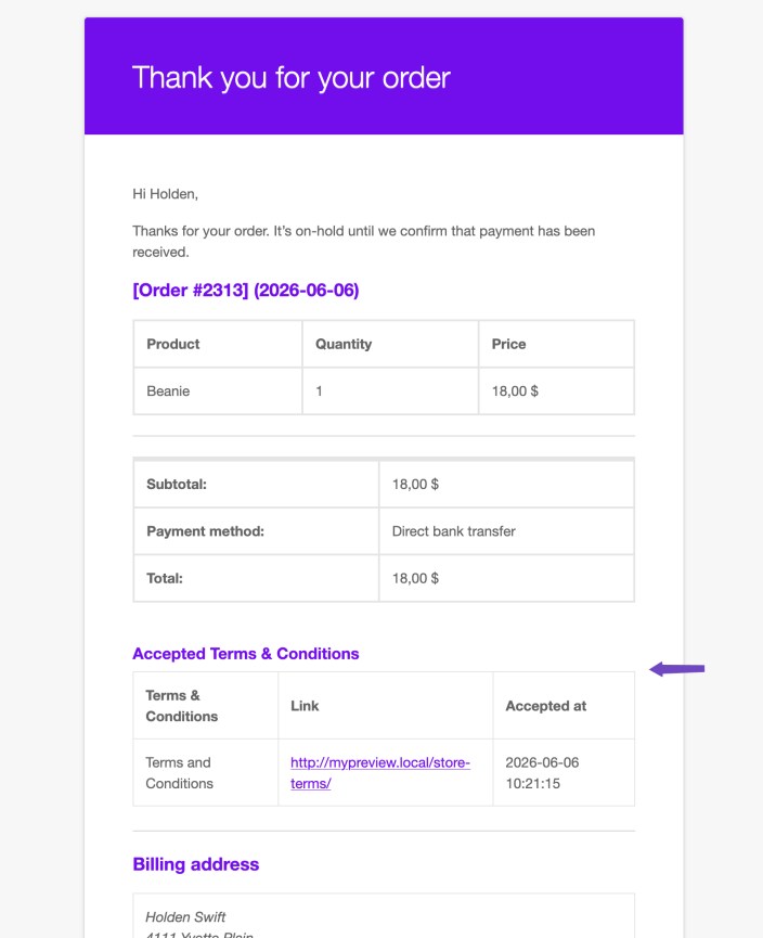 WooCommerce order email showing an accepted terms and conditions table with the terms name, link, and accepted date.