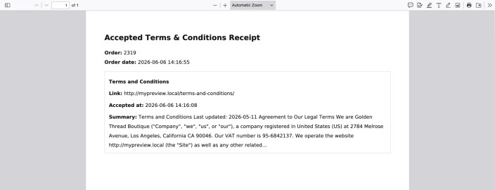 PDF viewer showing an accepted terms and conditions receipt with order number, order date, terms link, accepted time, and summary.