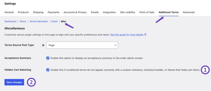 WooCommerce Additional Terms miscellaneous settings screen showing the Hidden Cart Matching option enabled and the Save changes button.