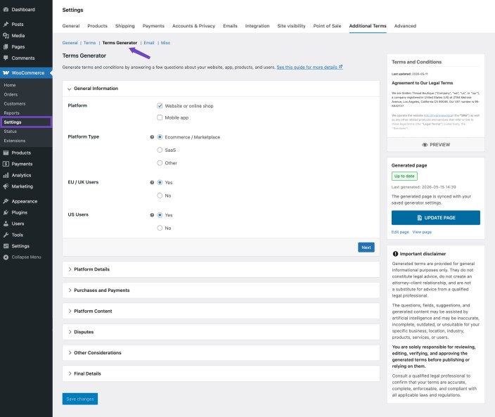 Screenshot of the WooCommerce settings page showing the Additional Terms tab with the Terms Generator section selected.