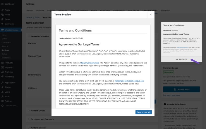 WooCommerce settings page showing a Terms Preview modal with generated Terms and Conditions content.
