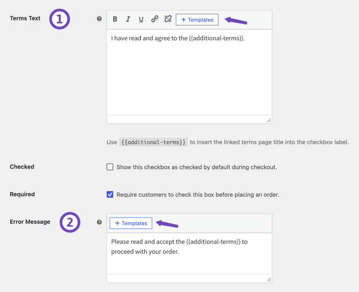 Additional Terms Pro editor showing Templates buttons for the Terms Text and Error Message fields.
