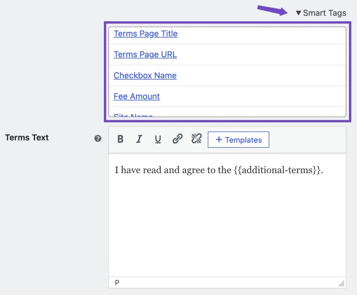 Additional Terms Pro Smart Tags menu showing dynamic terms page, fee, store, and customer details