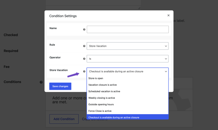 Additional Terms Pro condition settings with the Store Vacation rule selected and available Store Vacation states shown