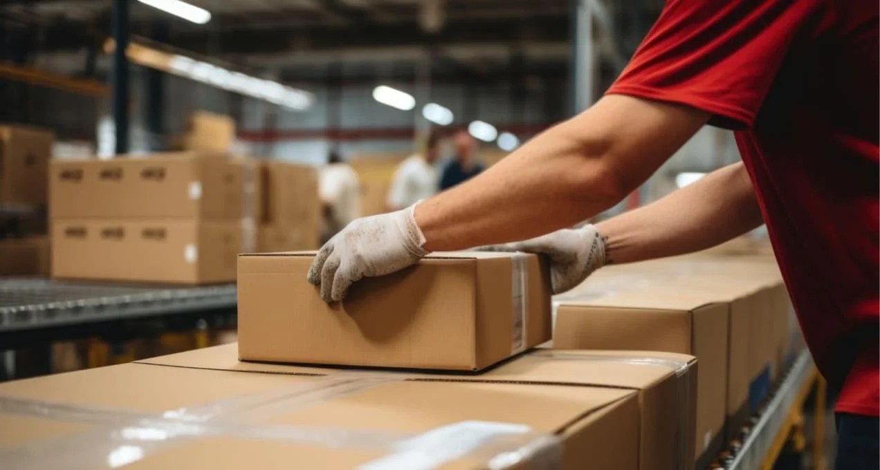 worker packing boxes in a warehous
