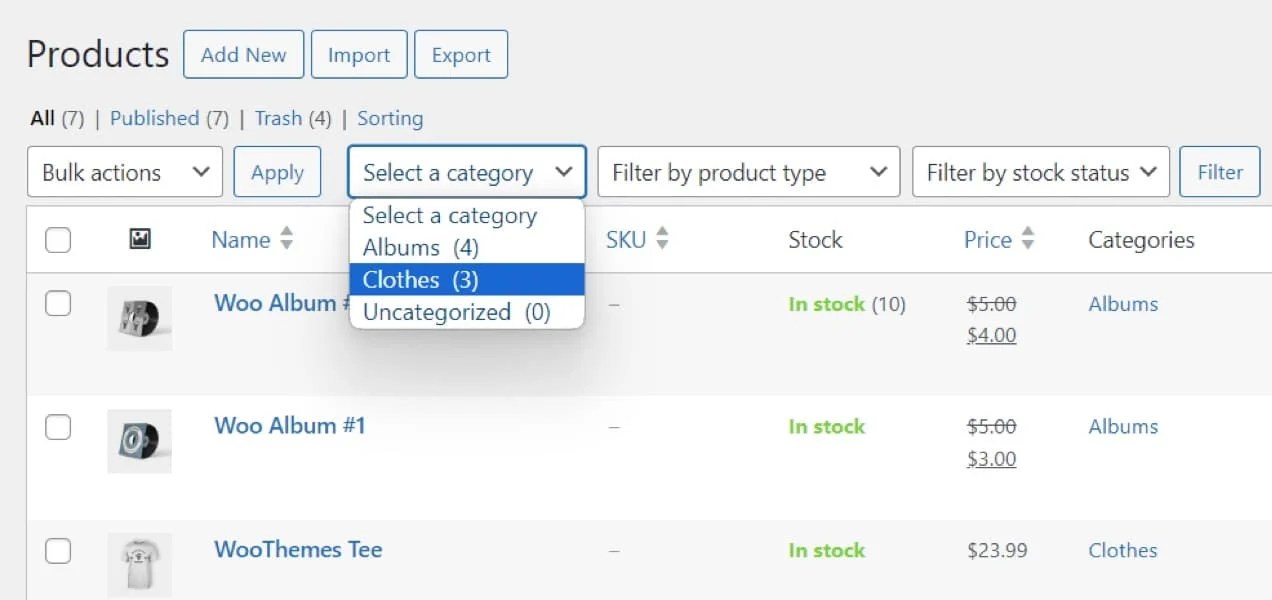 viewing a "clothes" category on the products page