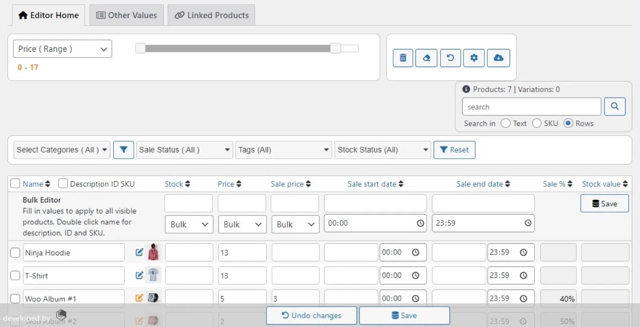 table with information about each product